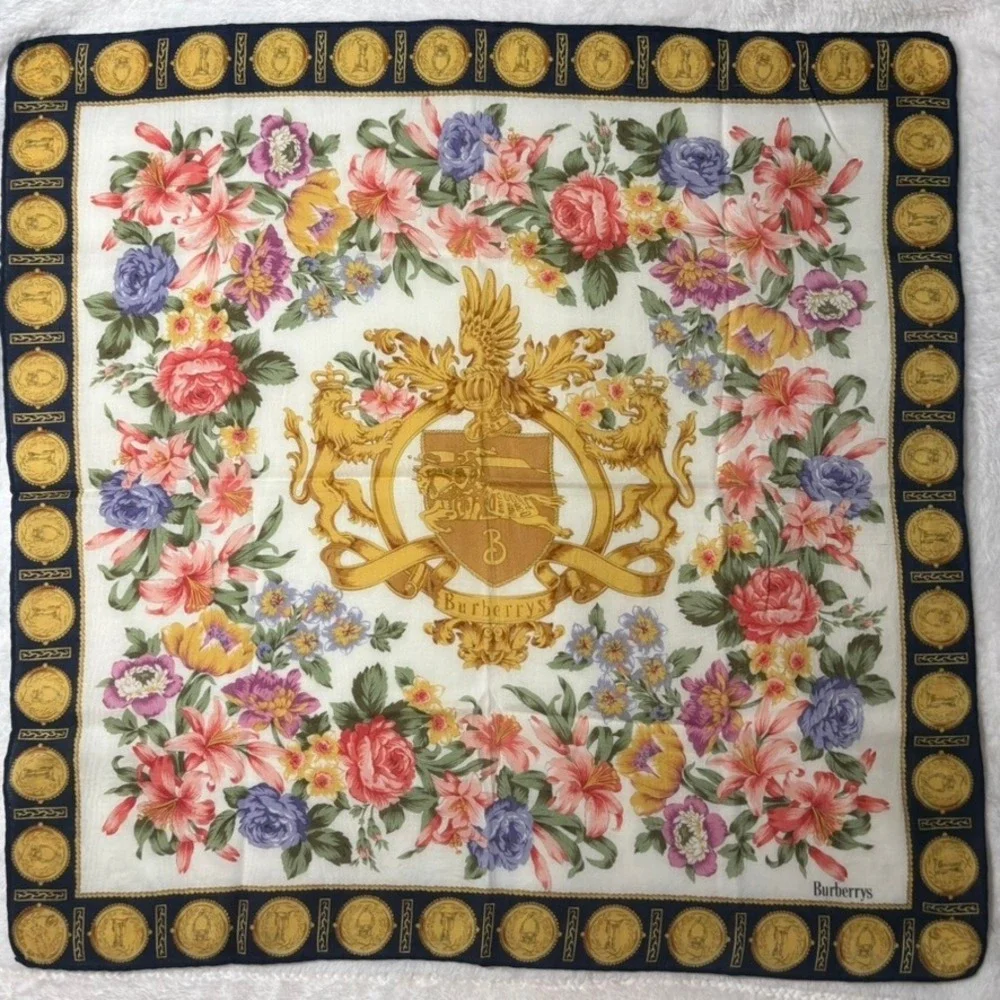 BURBERRYS Scarf Handkerchief Floral Crest Cotton White Navy 22x22